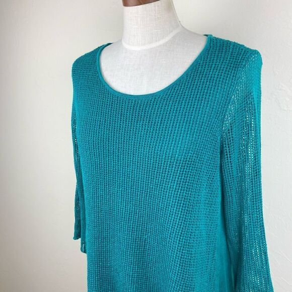Eileen Fisher Organic Linen Asymmetrical Knit Sweater - Teal Green - Picture 3 of 7